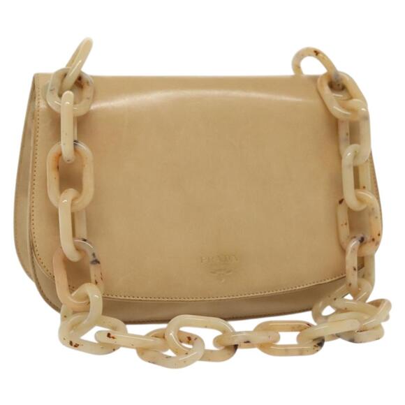 PRADA Chain Shoulder Bag Leather Beige - Picture 1 of 12